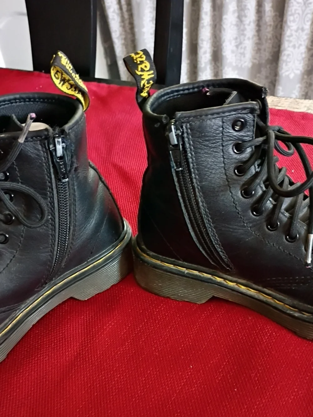 Dr. Martens Black Leather Lace-Up Ankle Boots with Yellow Stitching For Kids